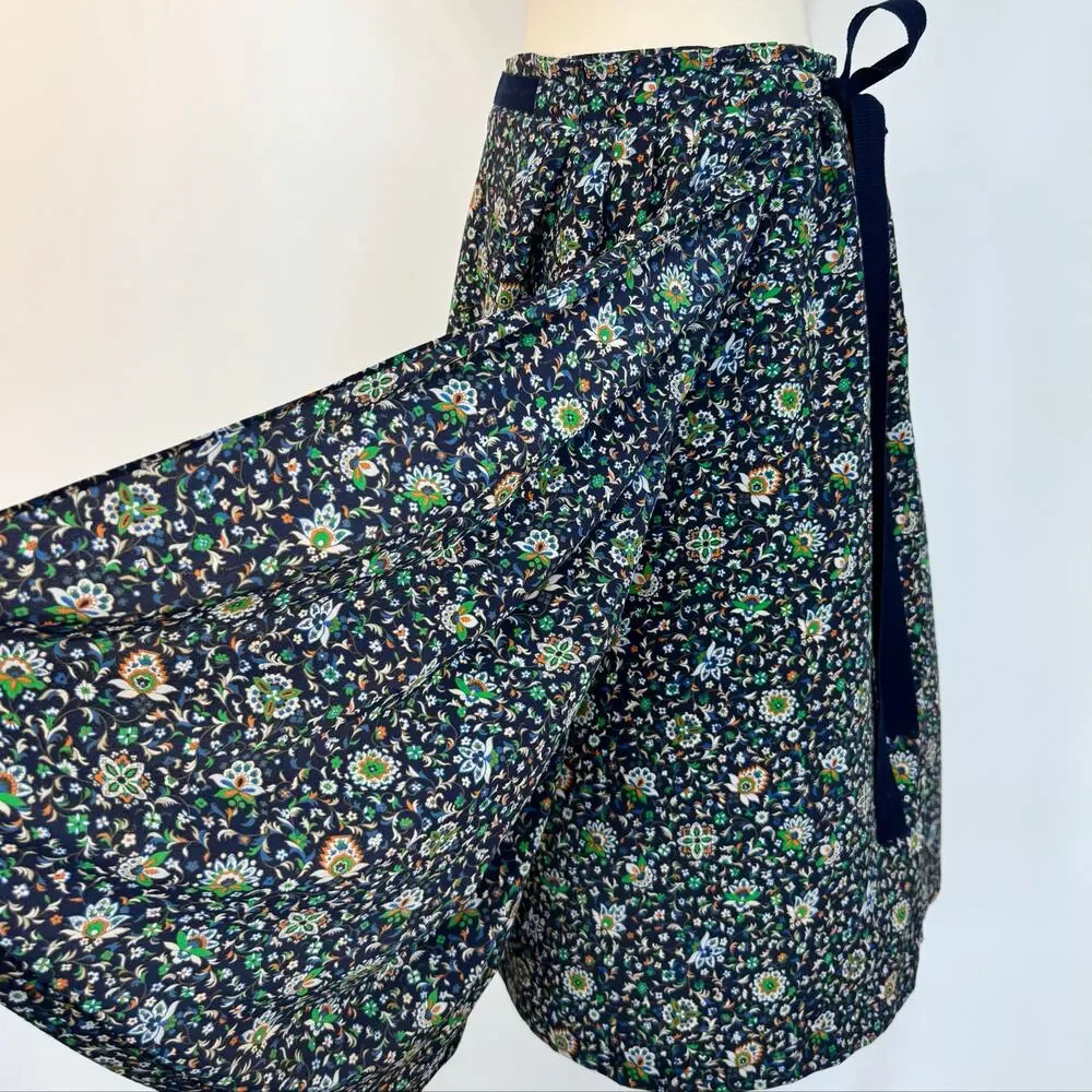 Tory Burch Silk Pleated Wrap Midi Skirt Navy Floral Multicolor Size 6